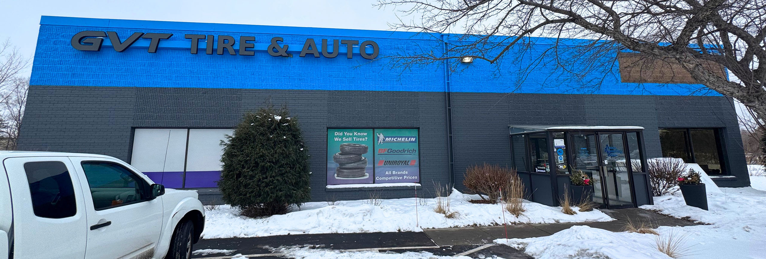 GVT Tire & Auto building in winter snow